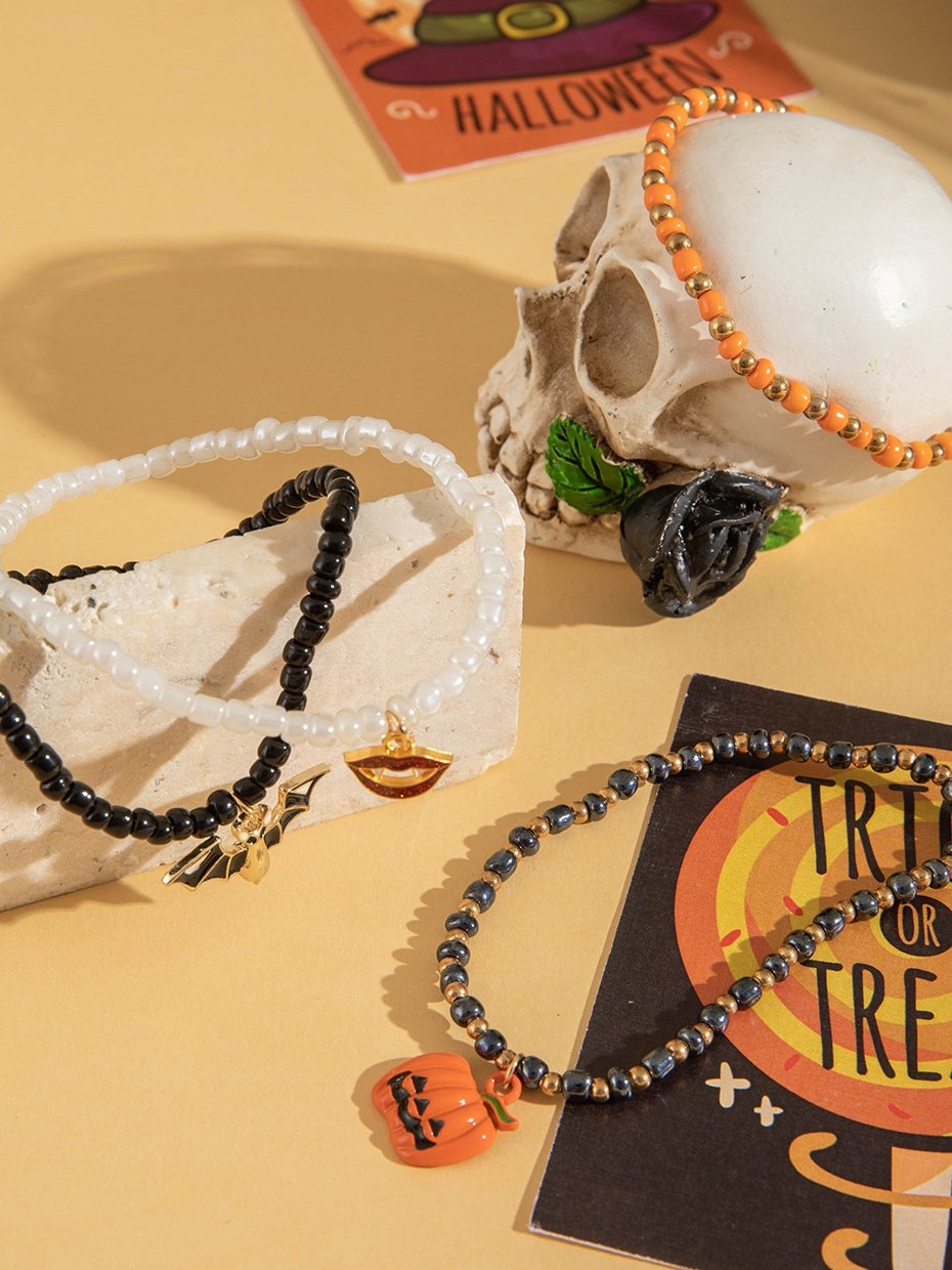 Colorful Rice Bead Ghost Pumpkin Bat Anklet Five-piece Set Dark Funny Skull Halloween Foot Ornaments Five-piece Set