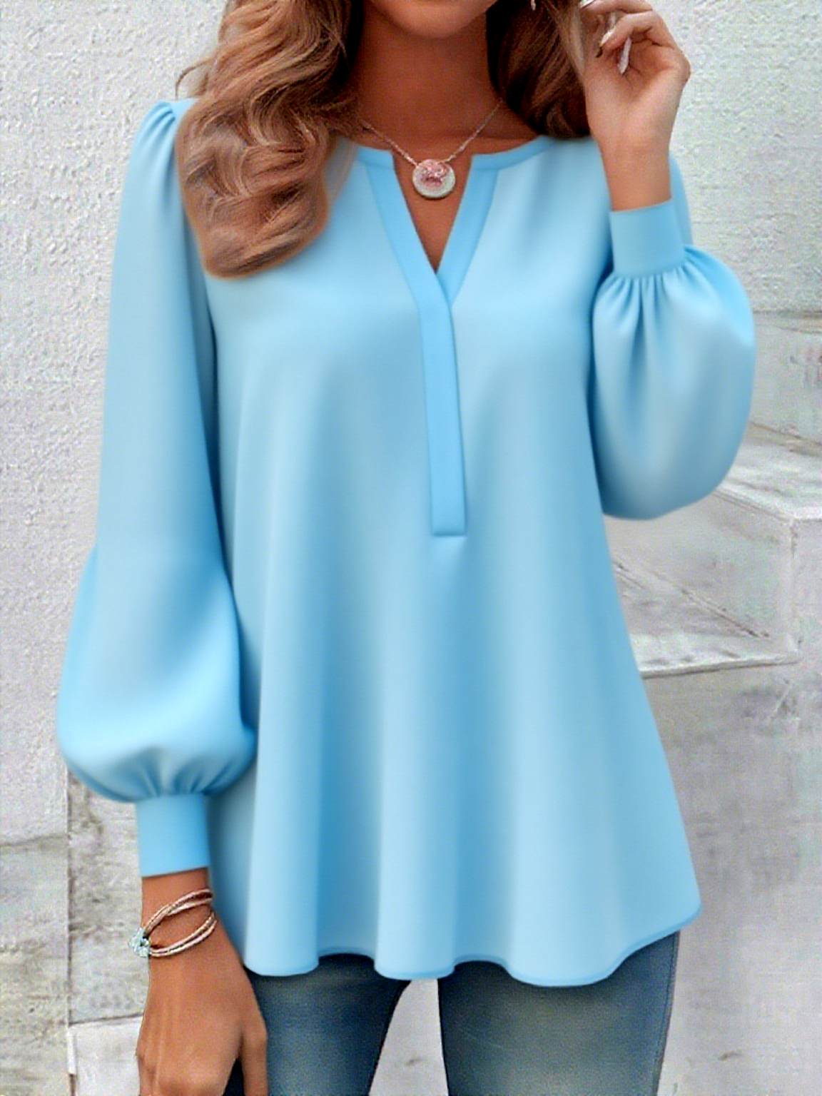 V Neck Cotton Casual Plain Shirt