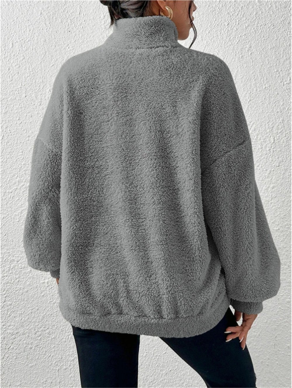 Split Joint Casual Loose Plush And Fleece Women's Stand Collar Zipper Sweatshirt