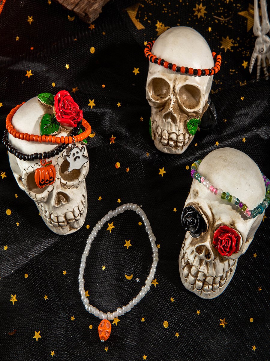 Colorful Rice Bead Ghost Pumpkin Bat Anklet Five-piece Set Dark Funny Skull Halloween Foot Ornaments Five-piece Set