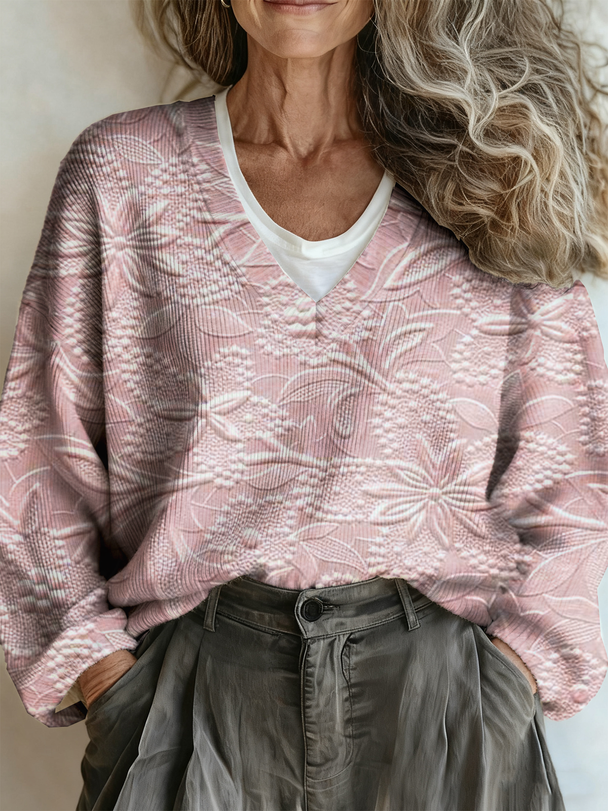Casual Loose Floral V Neck Sweater