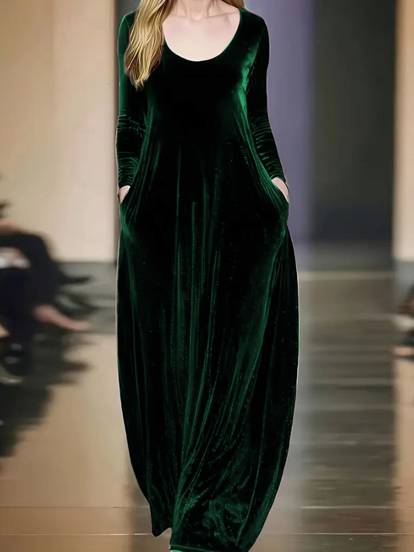 Women's Long Sleeve Spring/Fall Wine Red Plain Split Joint Crew Neck Daily Going Out Vintage Maxi A-Line Velvet Dress