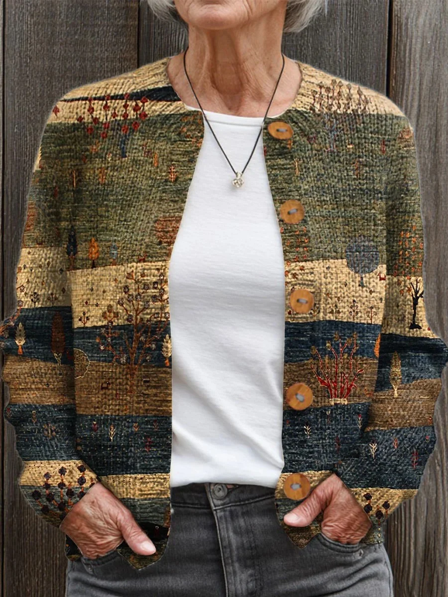 Crew Neck Vintage Gradient Pattern Cardigan