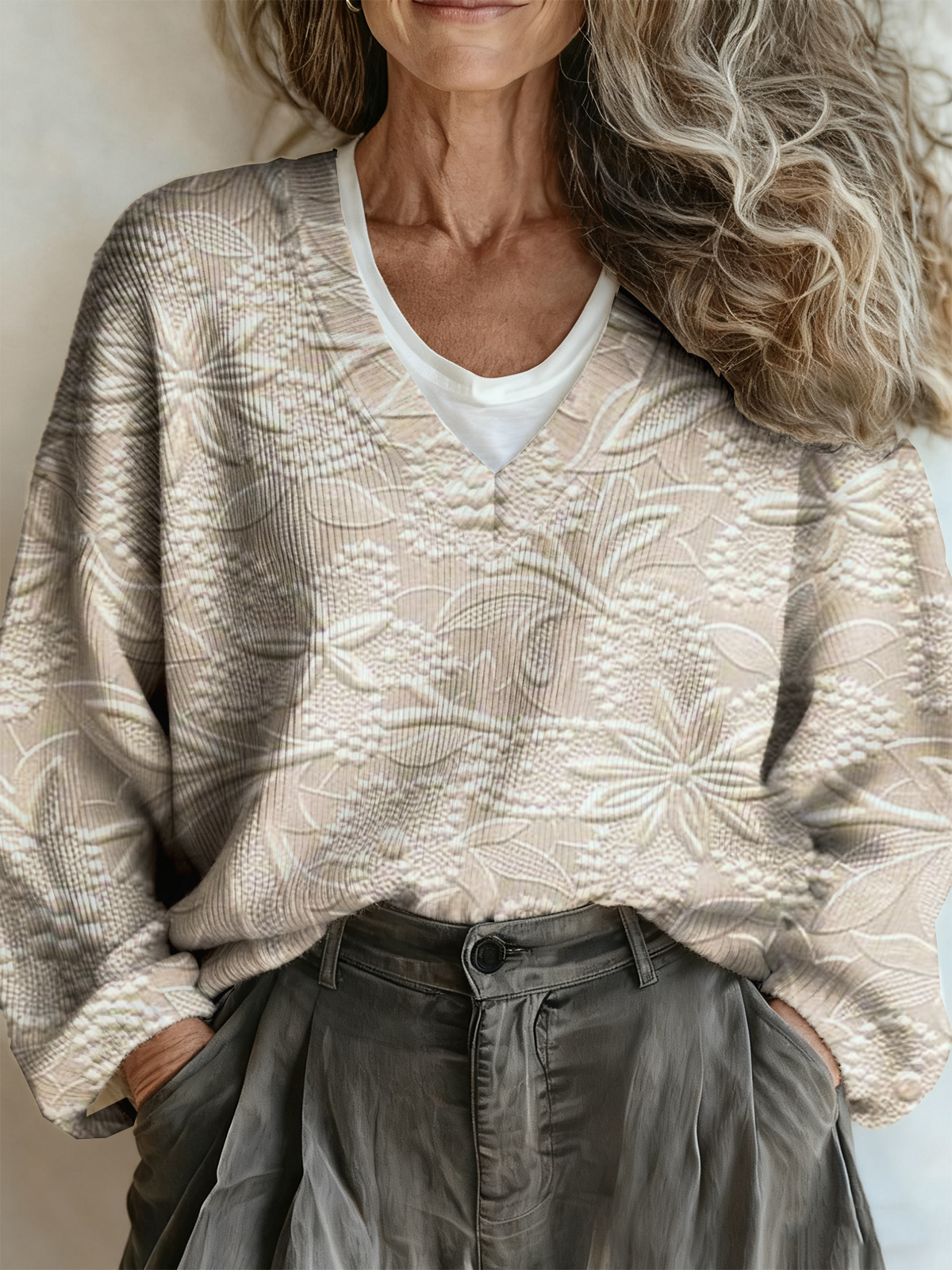 Casual Loose Floral V Neck Sweater