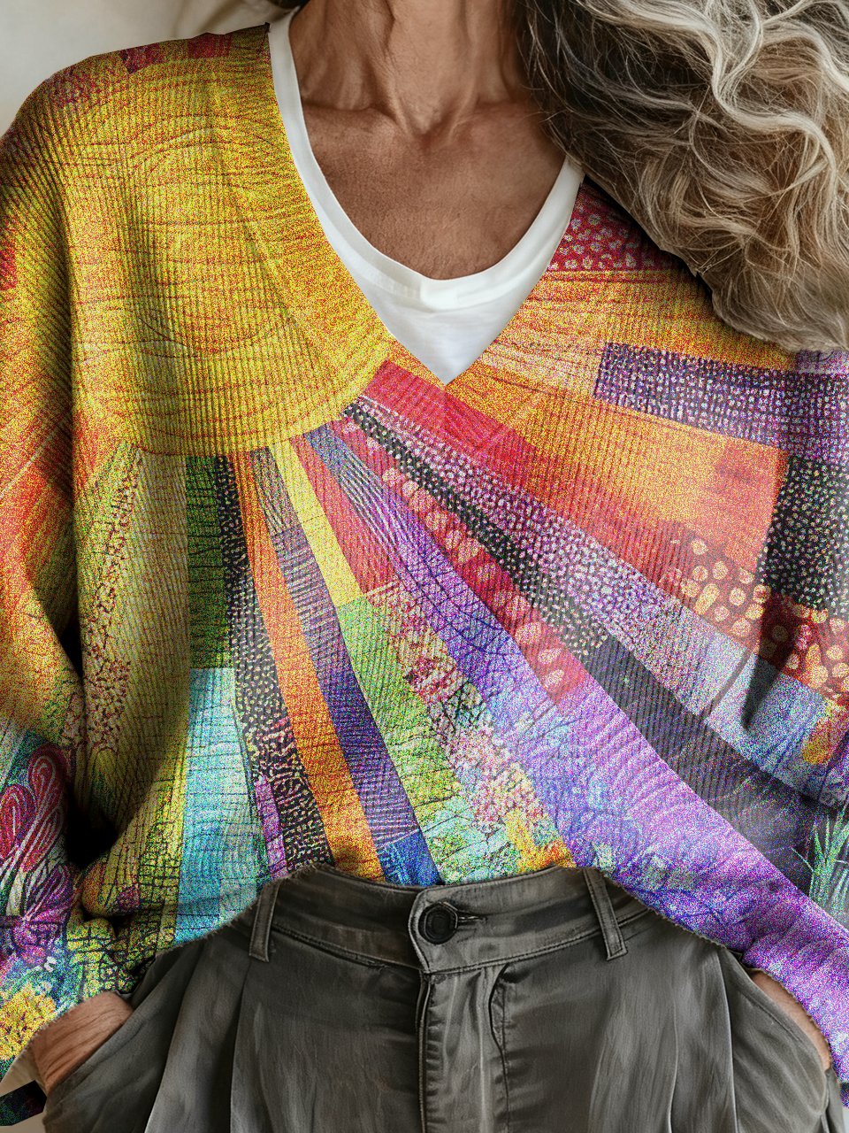 Ethnic Multicolor Block V Neck Sweater