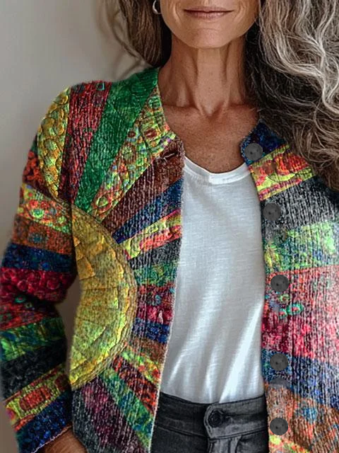 Casual Crew Neck Abstract Printing Cardigan