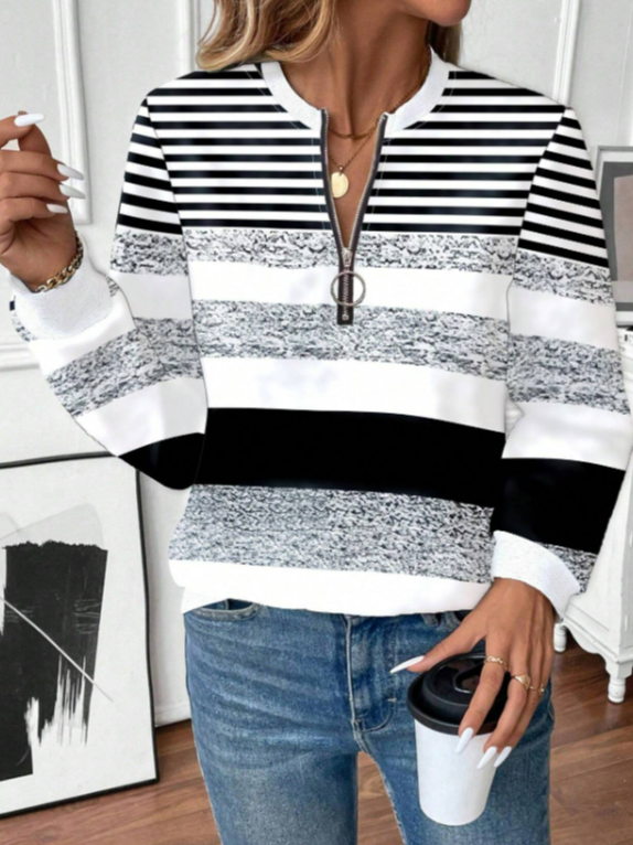 Women's Striped Print Casual Zipper Long Sleeve Sweatshirt