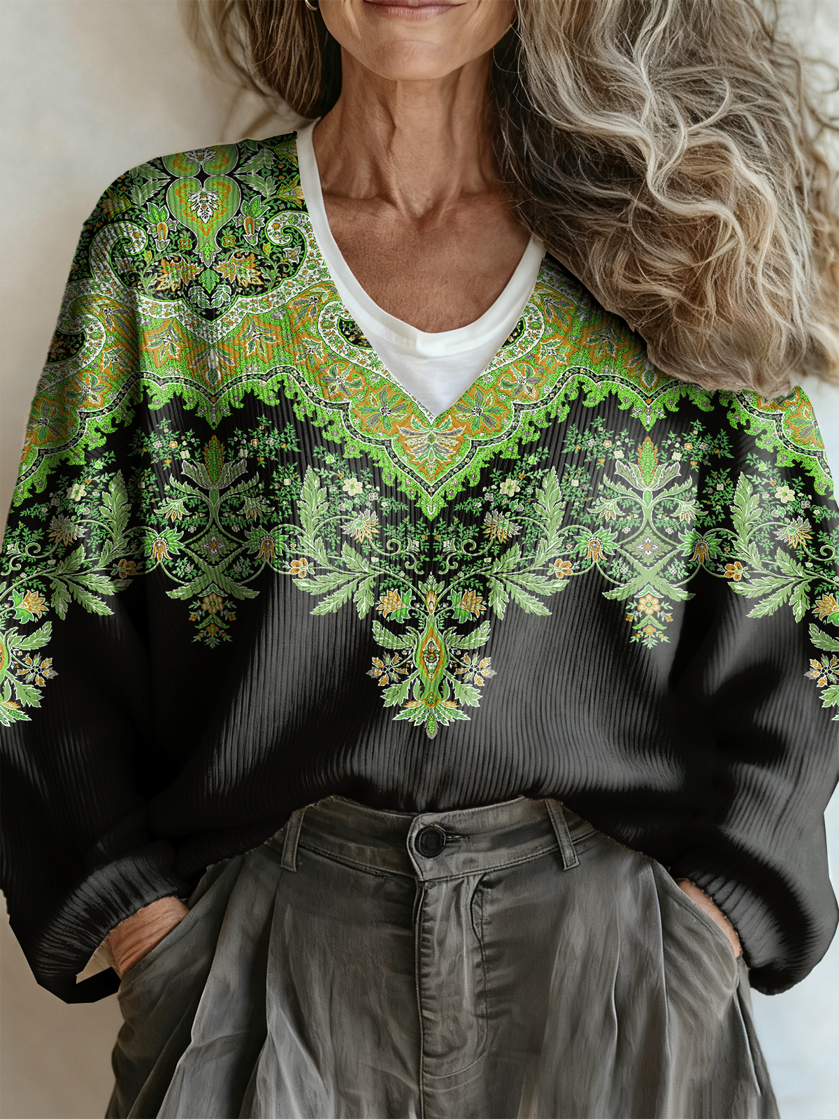 Ethnic Casual Loose V Neck Sweater