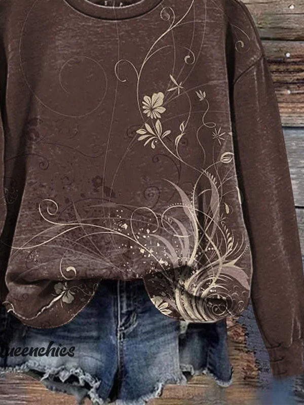 Crew Neck Casual Floral Printing Sweatshirt