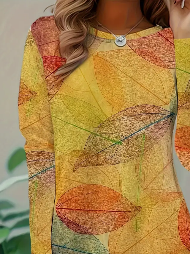 Women's Long Sleeve T-shirt Spring/Fall Yellow Leaf Jersey Crew Neck Daily Going Out Casual Tunic Top