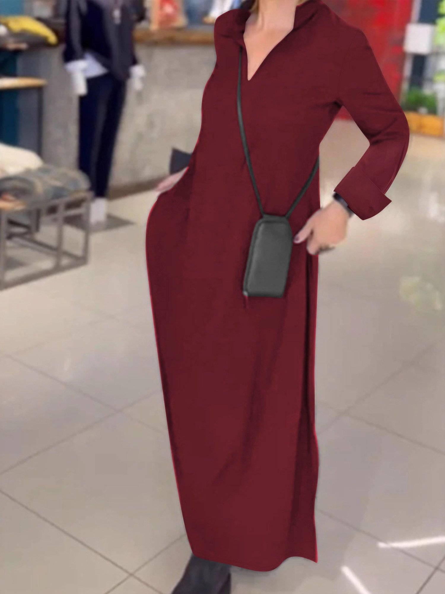 Casual Plain Shirt Collar Maxi Dress