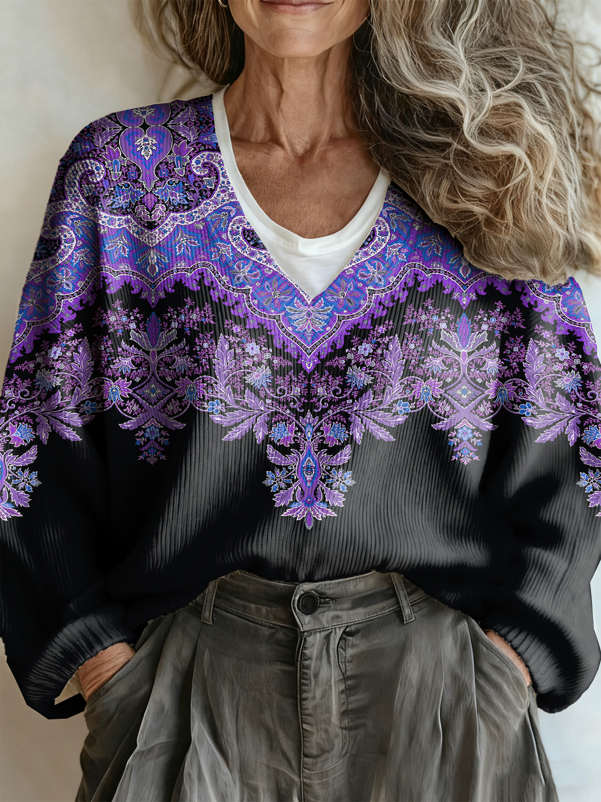 Ethnic Casual Loose V Neck Sweater