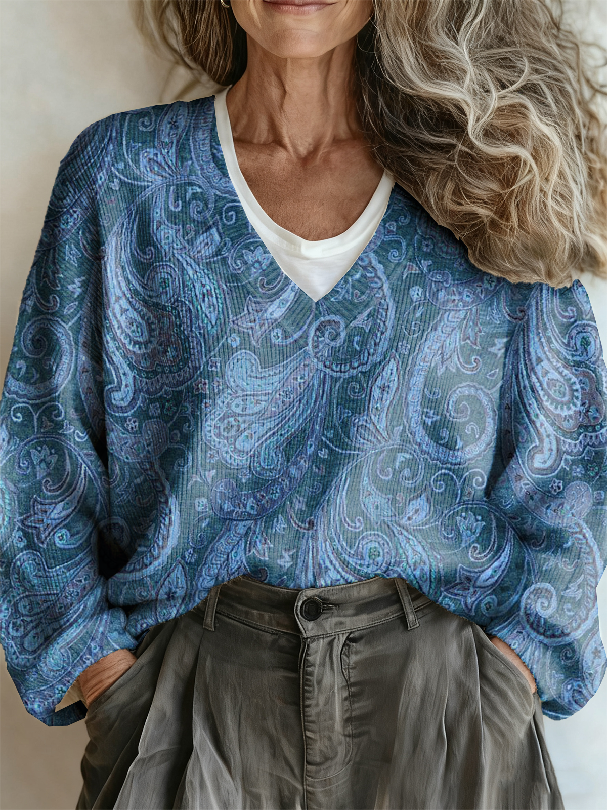 Loose Vintage Paisley V Neck Sweater