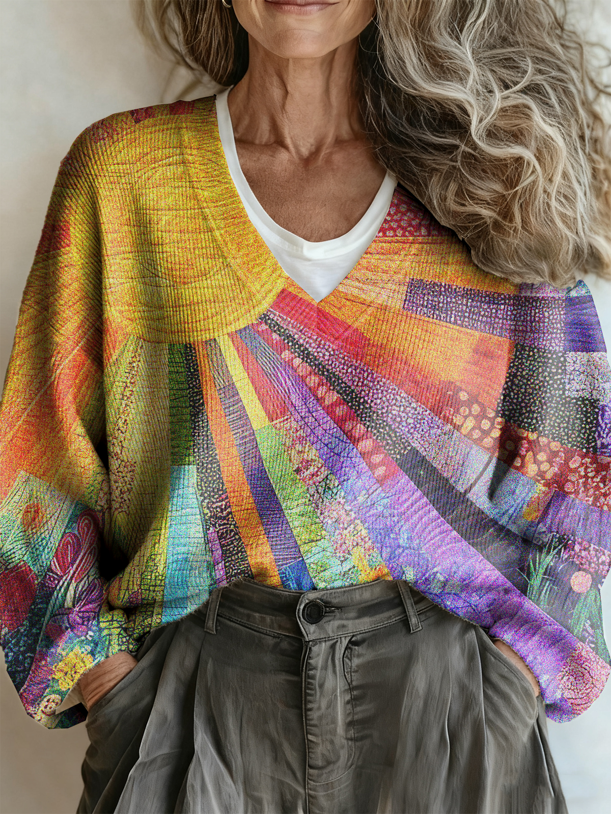 Ethnic Multicolor Block V Neck Sweater