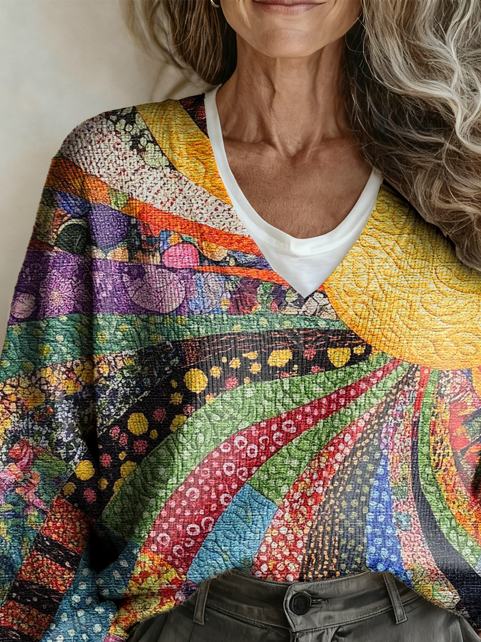 V Neck Ethnic Multicolor Block Sweater