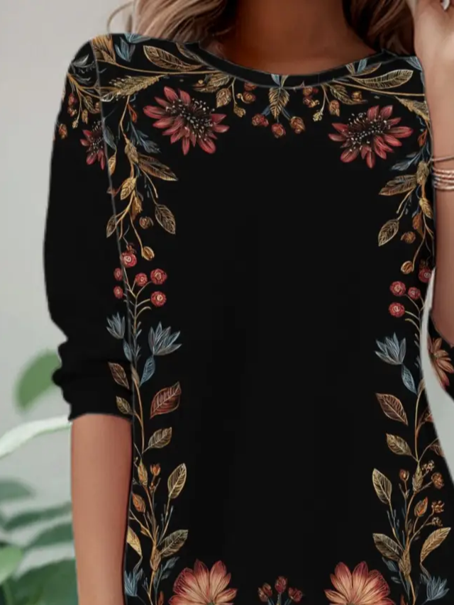 Women's Long Sleeve T-shirt Spring/Fall Black Floral Jersey Crew Neck Daily Going Out Casual Tunic Top