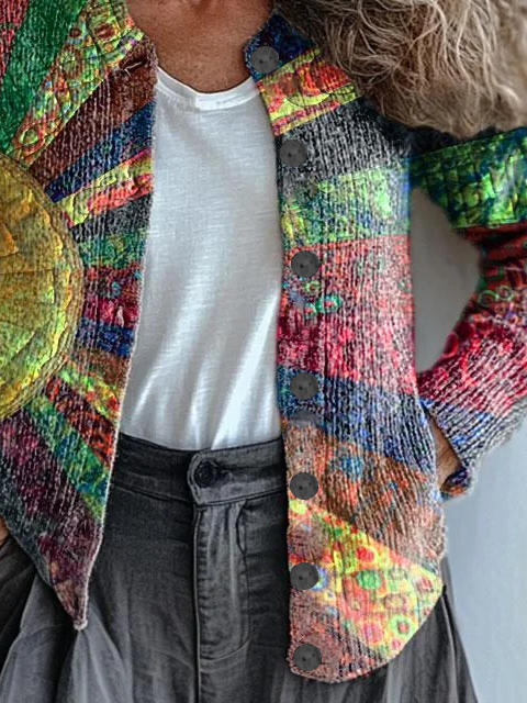 Casual Crew Neck Abstract Printing Cardigan