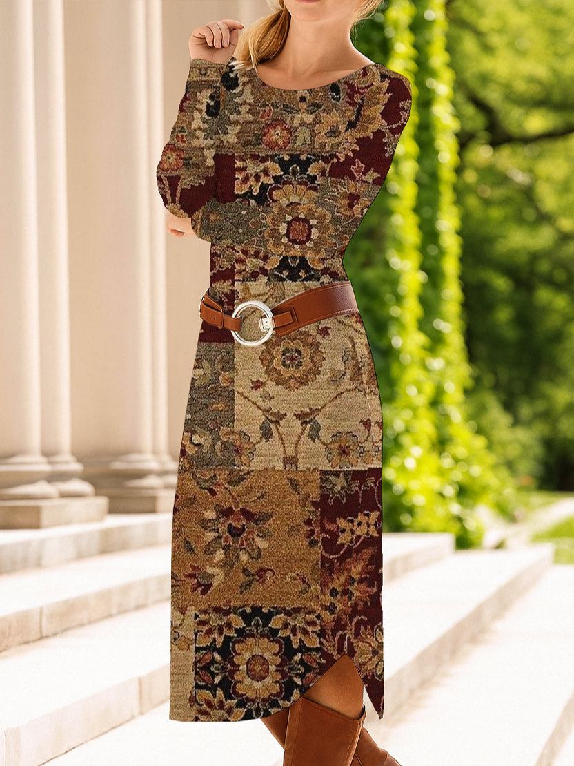 Women's Long Sleeve Spring/Fall Brown Floral Crew Neck Daily Going Out Casual Midi A-Line T-Shirt Dress Dress