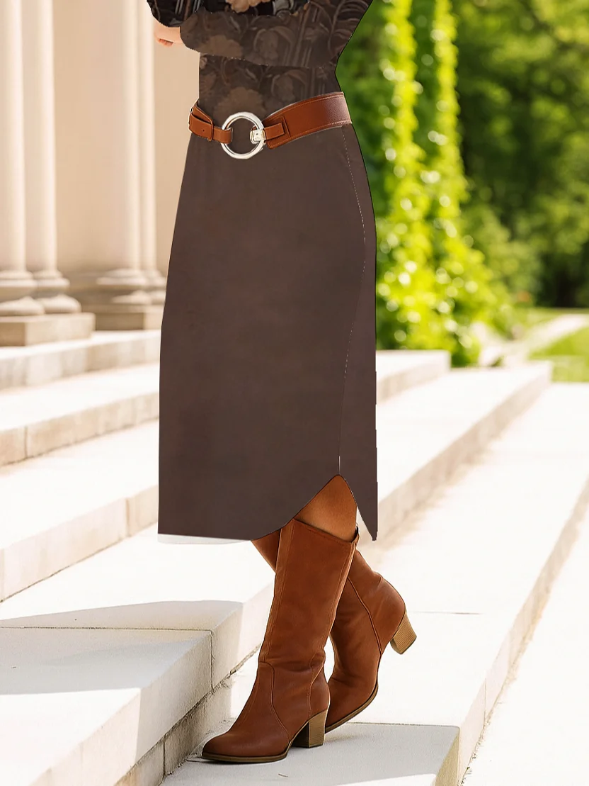 Women's Long Sleeve Spring/Fall Brown Floral Crew Neck Daily Going Out Casual Midi A-Line T-Shirt Dress Dress