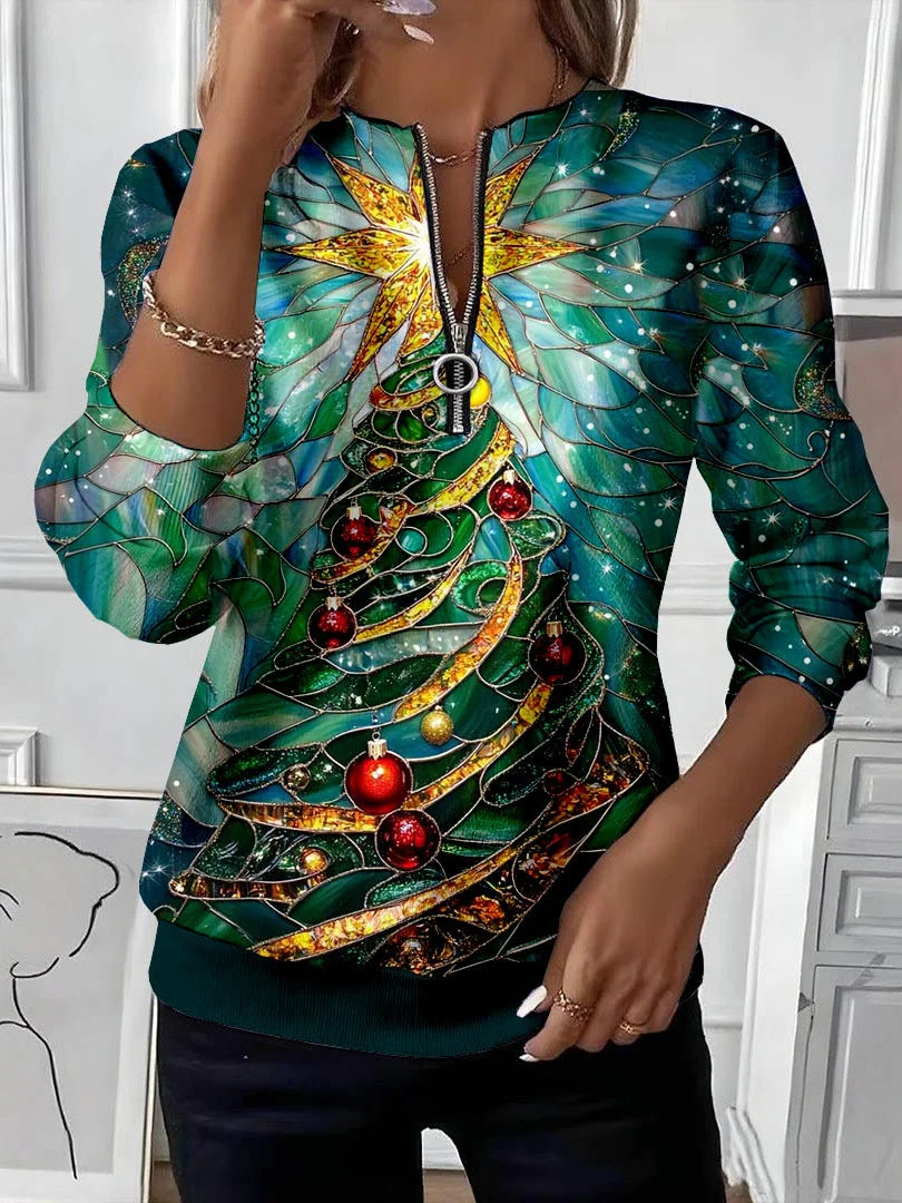 Women's Christmas Tree Printed Casual Zipper Neck Long Sleeve Sweatshirt