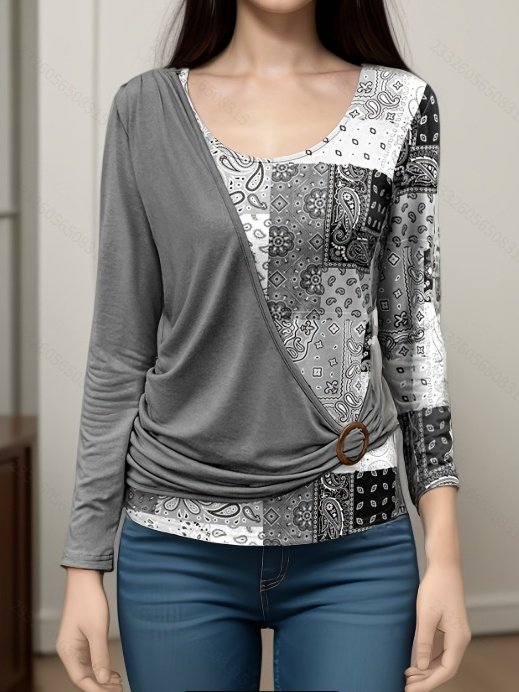 Women's Long Sleeve T-shirt Spring/Fall Green Geometric Printing Crew Neck Daily Going Out Vintage Top