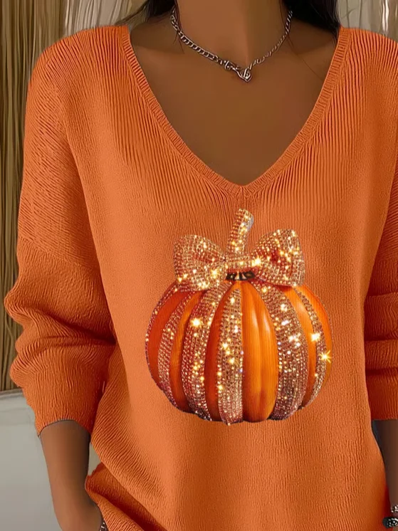 Women's Long Sleeve T-shirt Spring/Fall Orange Halloween (pumpkin) Printing V Neck Daily Going Out Casual Top