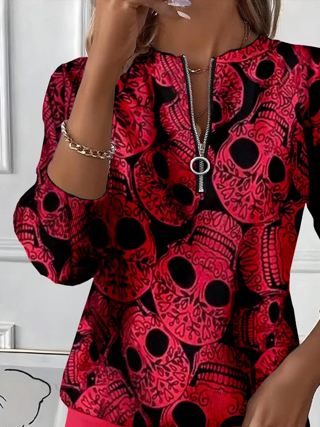 Women's Halloween Skull Print Casual Zipper Neck Long Sleeve Sweatshirt