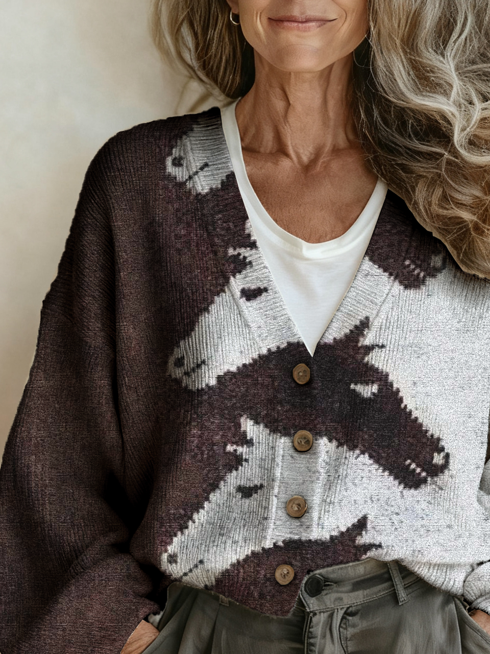 Multicolor Block V Neck Western Style Loose Cardigan