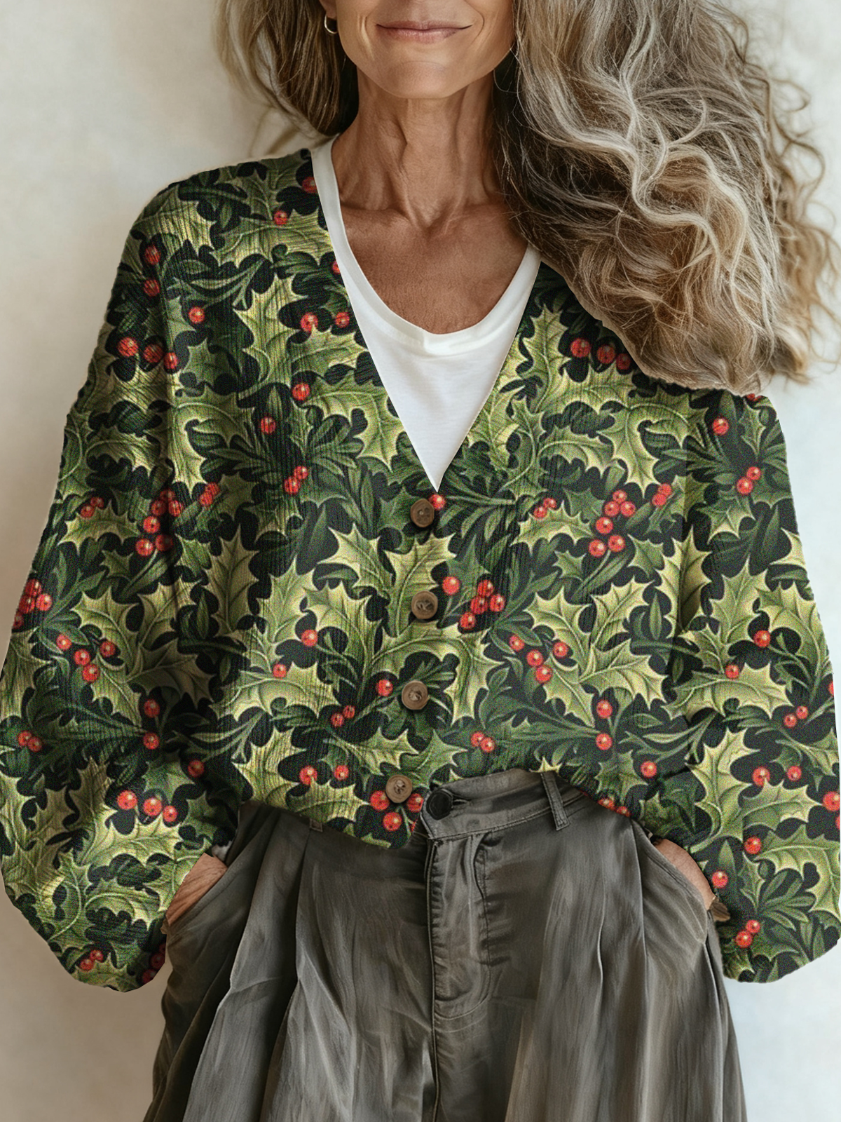 Loose Casual Leaf V Neck Cardigan
