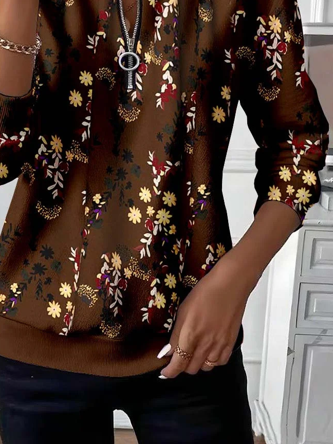 Women's Floral Print Casual Zipper Neck Long Sleeve Sweatshirt