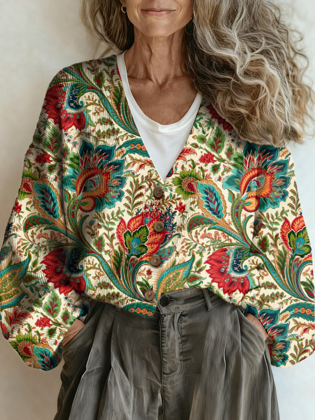Casual Loose V Neck Floral Cardigan