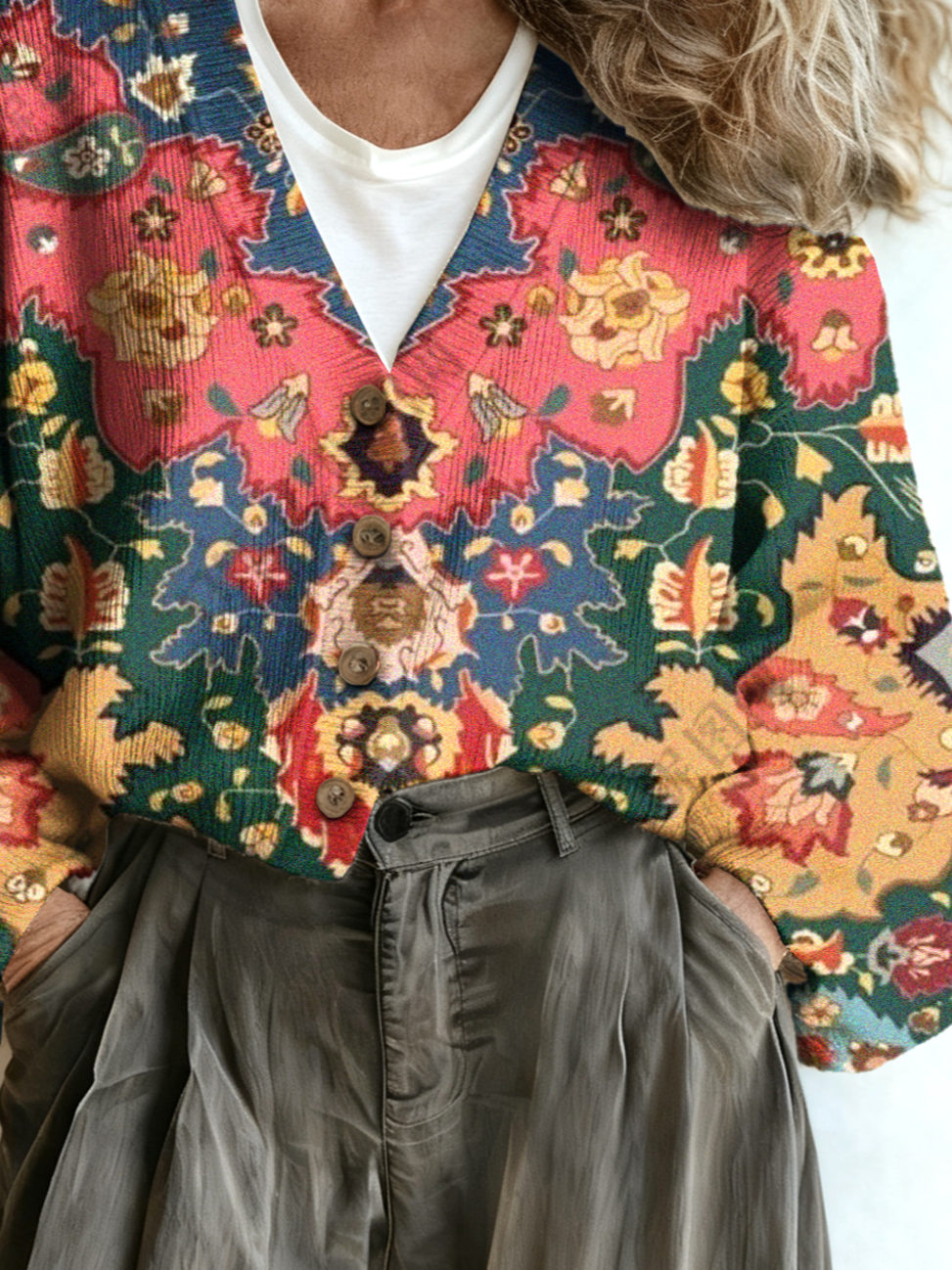 V Neck Boho Geometric Loose Cardigan