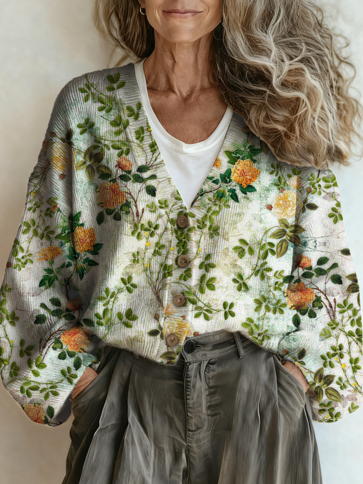 Floral Vintage Loose V Neck Cardigan