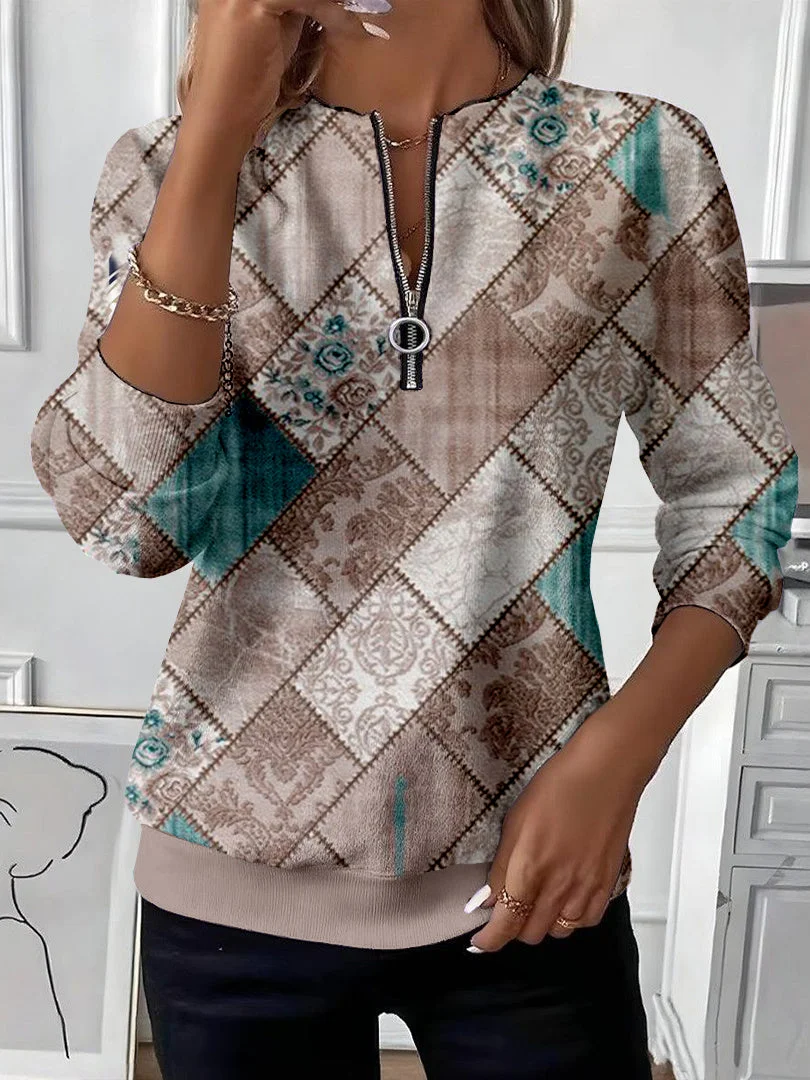 Women's Floral Print Casual Zipper Neck Long Sleeve Sweatshirt