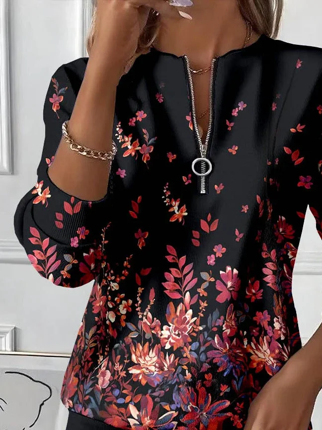 Women's Floral Print Casual Zipper Neck Long Sleeve Sweatshirt