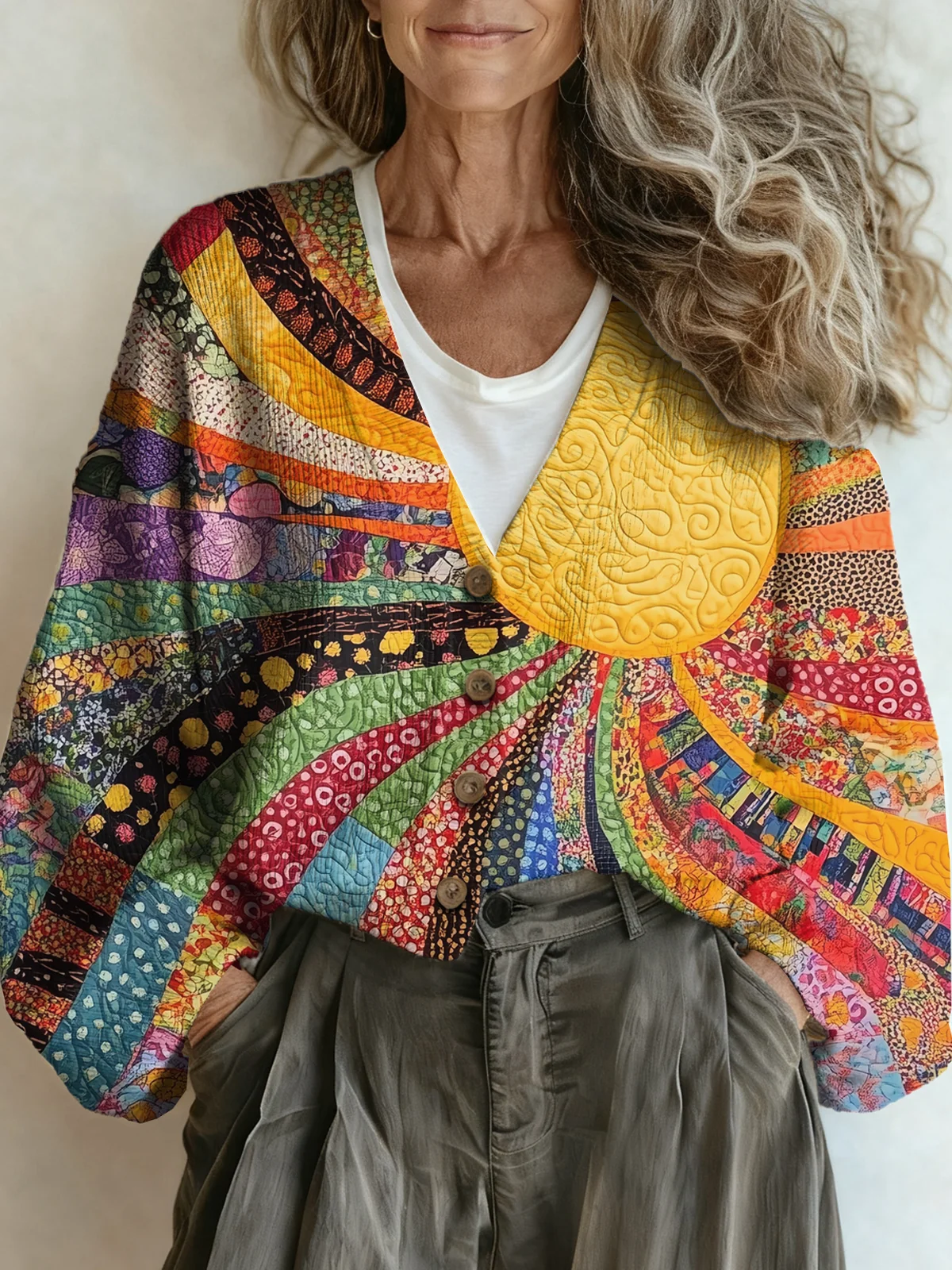 Vintage V Neck Loose Multicolor Block Cardigan