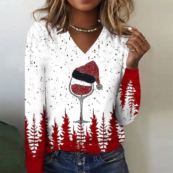 Women's Long Sleeve V-Neck T-Shirt Christmas Pattern