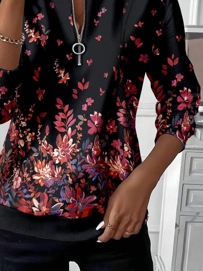 Women's Floral Print Casual Zipper Neck Long Sleeve Sweatshirt