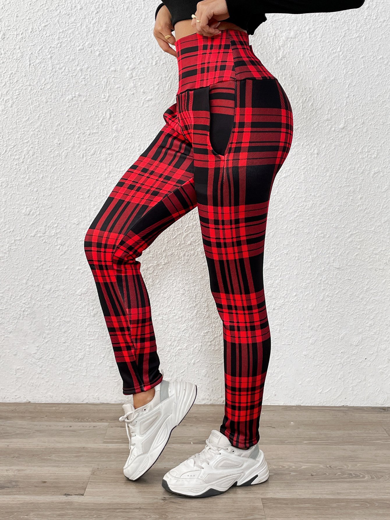 Printing Casual Plaid Extra Thick Lambskin Printed Leggings for Women Winter Plus Velvet Thickened Outerwear Pockets High Waist Warm Cotton Leggings