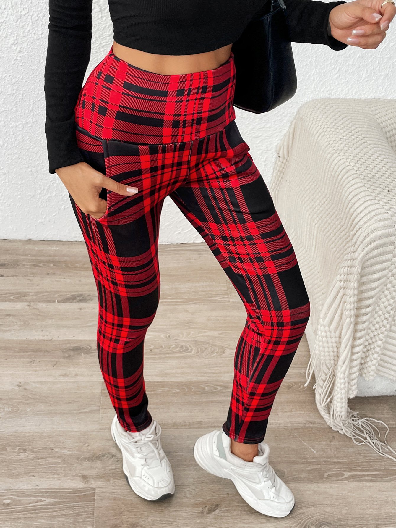 Printing Casual Plaid Extra Thick Lambskin Printed Leggings for Women Winter Plus Velvet Thickened Outerwear Pockets High Waist Warm Cotton Leggings