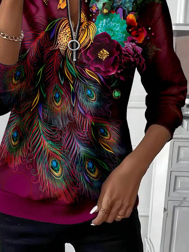 Women's Floral Print Casual Zipper Neck Long Sleeve Sweatshirt