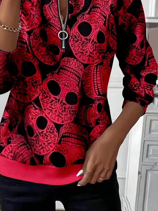 Women's Halloween Skull Print Casual Zipper Neck Long Sleeve Sweatshirt