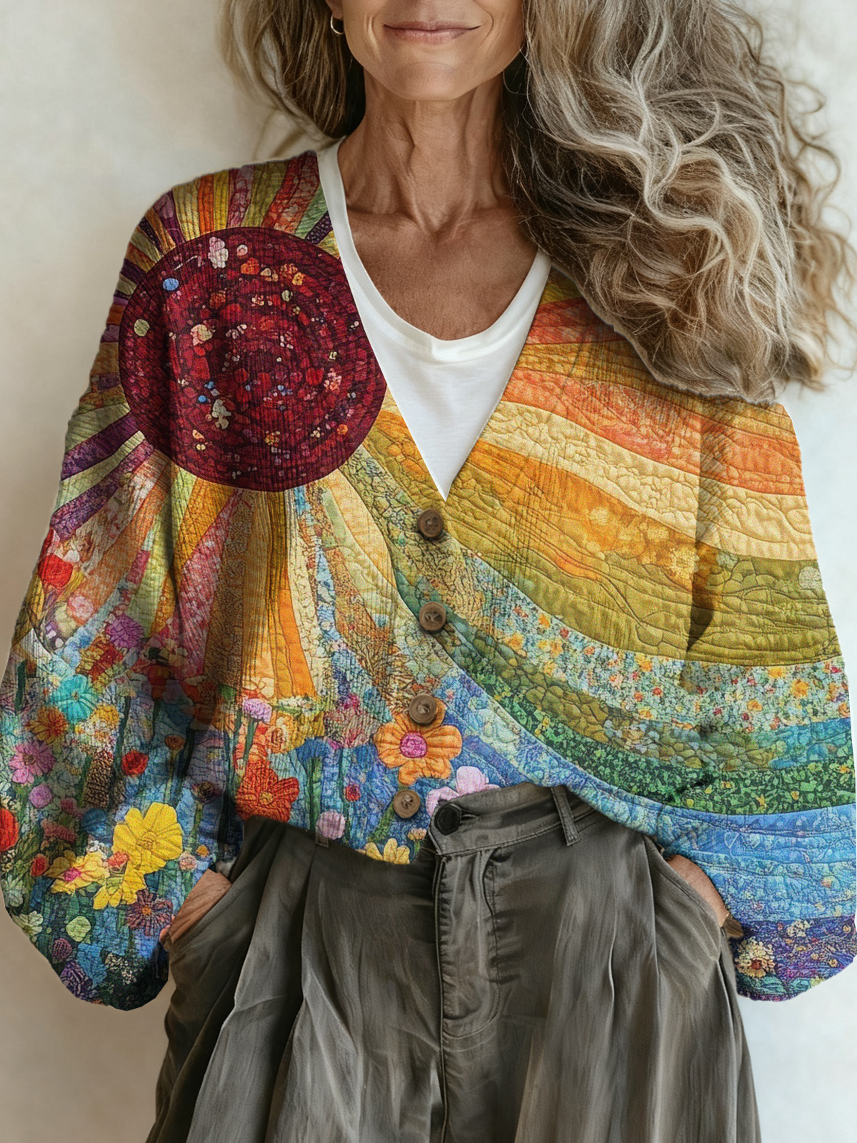Vintage V Neck Loose Multicolor Block Cardigan