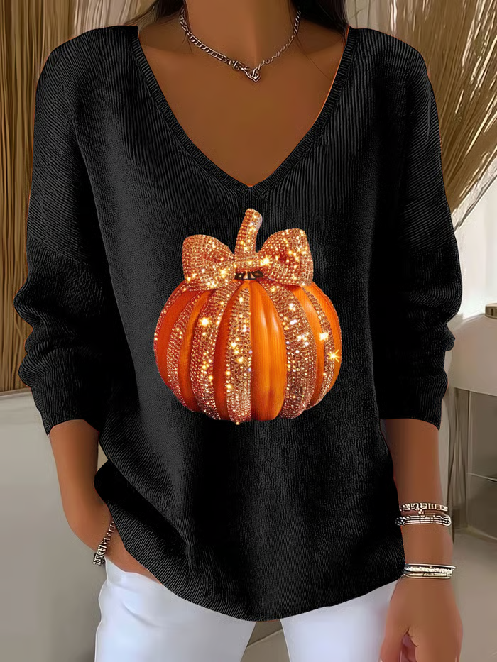 Women's Long Sleeve T-shirt Spring/Fall Orange Halloween (pumpkin) Printing V Neck Daily Going Out Casual Top
