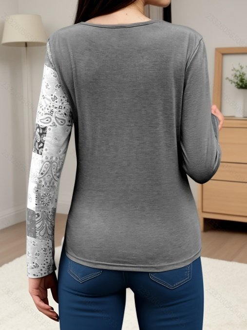 Women's Long Sleeve T-shirt Spring/Fall Green Geometric Printing Crew Neck Daily Going Out Vintage Top