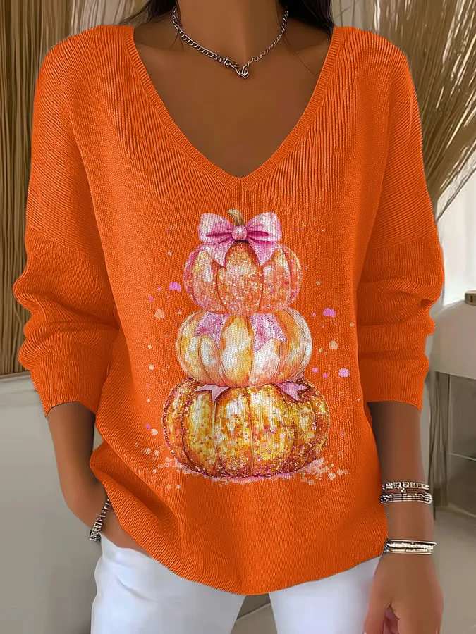 Women's Long Sleeve T-shirt Spring/Fall Orange Halloween (pumpkin) Printing V Neck Daily Going Out Casual Top