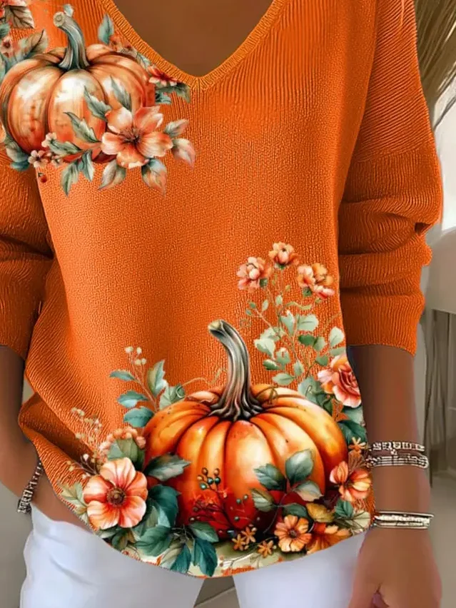Women's Long Sleeve T-shirt Spring/Fall Orange Halloween (pumpkin) Printing V Neck Daily Going Out Casual Top