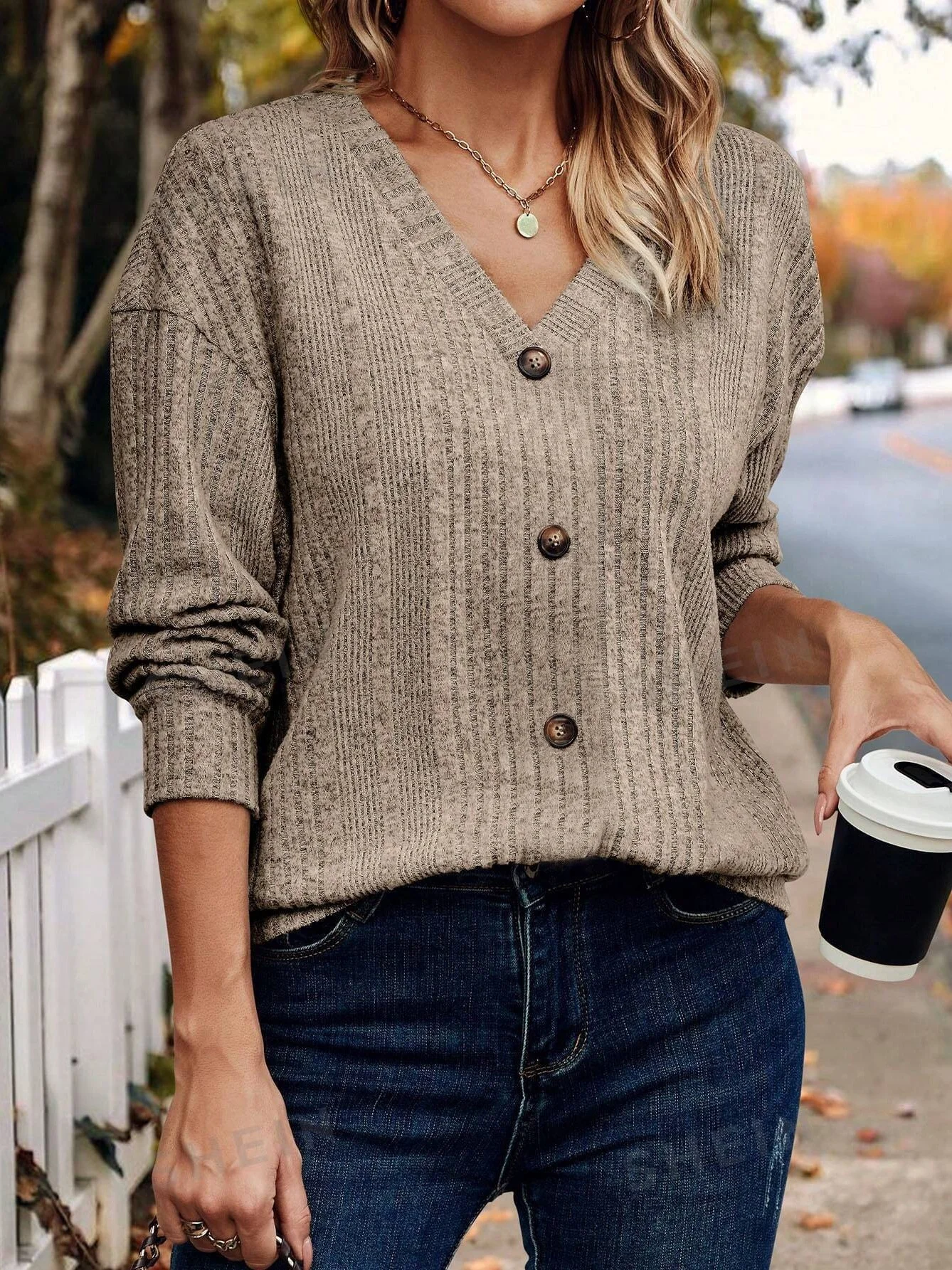 Women's Long Sleeve T-shirt Spring/Fall Khaki Plain Buckle V Neck Daily Going Out Casual Top