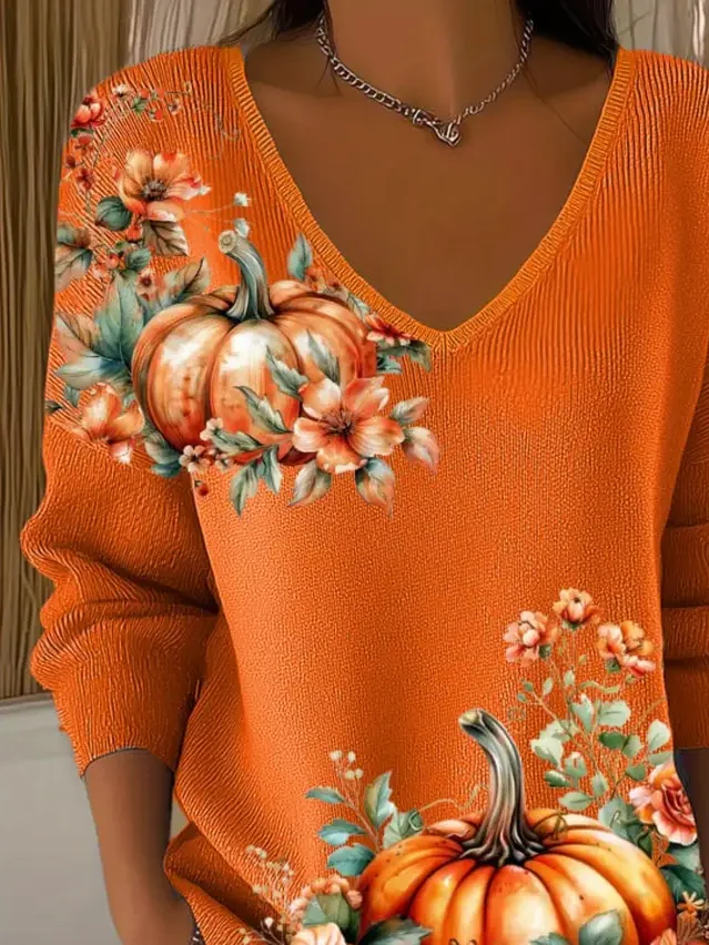 Women's Long Sleeve T-shirt Spring/Fall Orange Halloween (pumpkin) Printing V Neck Daily Going Out Casual Top