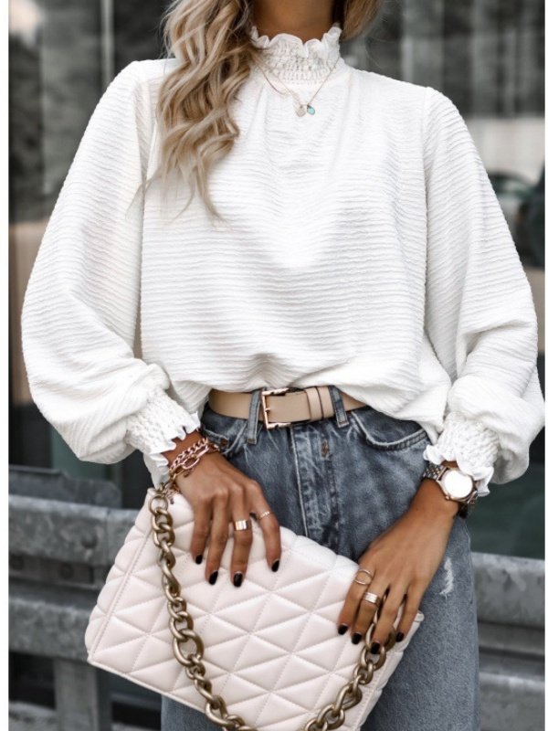 Women's Long Sleeve T-shirt Spring/Fall White Geometric Buckle Stand Collar Balloon Sleeve Daily Going Out Vintage Top